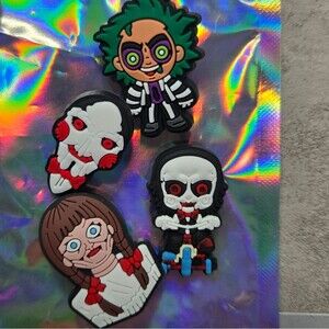 4ct assorted Horror Movie  Scream Jigsaw Annabelle and Beetleju Shoe charms 5ct